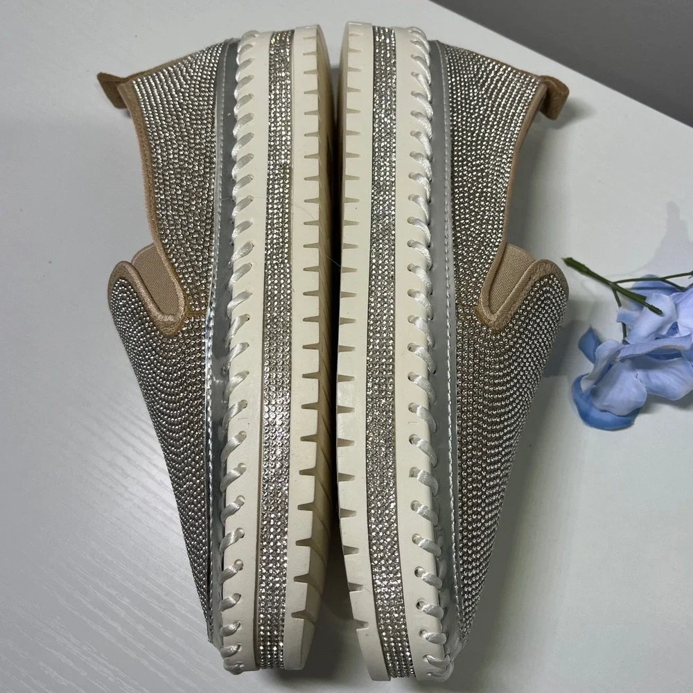 Silver Rhinestone Slip On‎ Platform Sneakers Bling Loafers Whipstitch